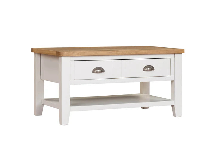 White coffee table with a wooden top on a white background