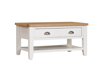 White coffee table with a wooden top on a white background