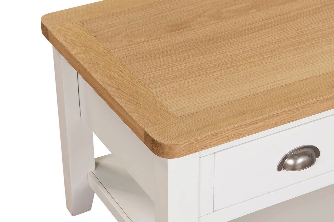 White coffee table with a wooden top on a white background