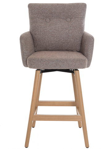 Brown upholstered bar stool with wooden legs on a white background