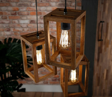 ZI Hanging lamp 3x wooden frame stepped
