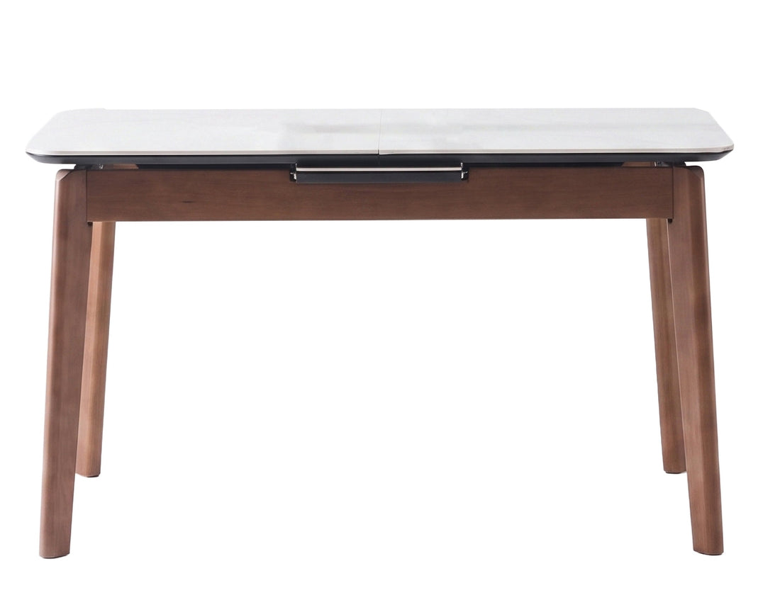 A modern rectangular table with a dark brown wood frame and a light gray stone or laminate top, shown from a front angle on a white background.