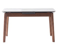 A modern rectangular table with a dark brown wood frame and a light gray stone or laminate top, shown from a front angle on a white background.