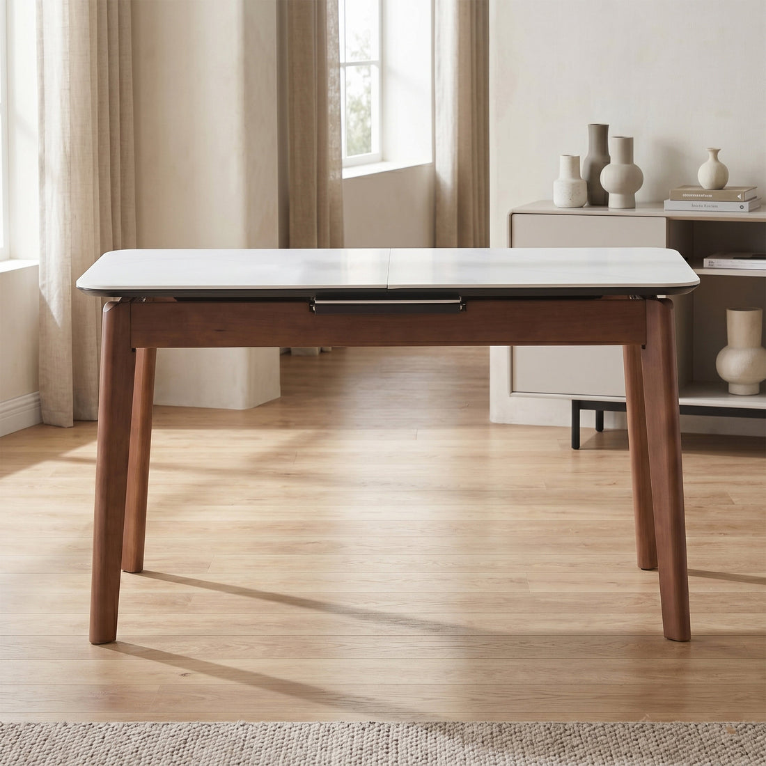 A modern rectangular table with a dark brown wood frame and a light gray stone or laminate top, shown from a front angle on a white background.