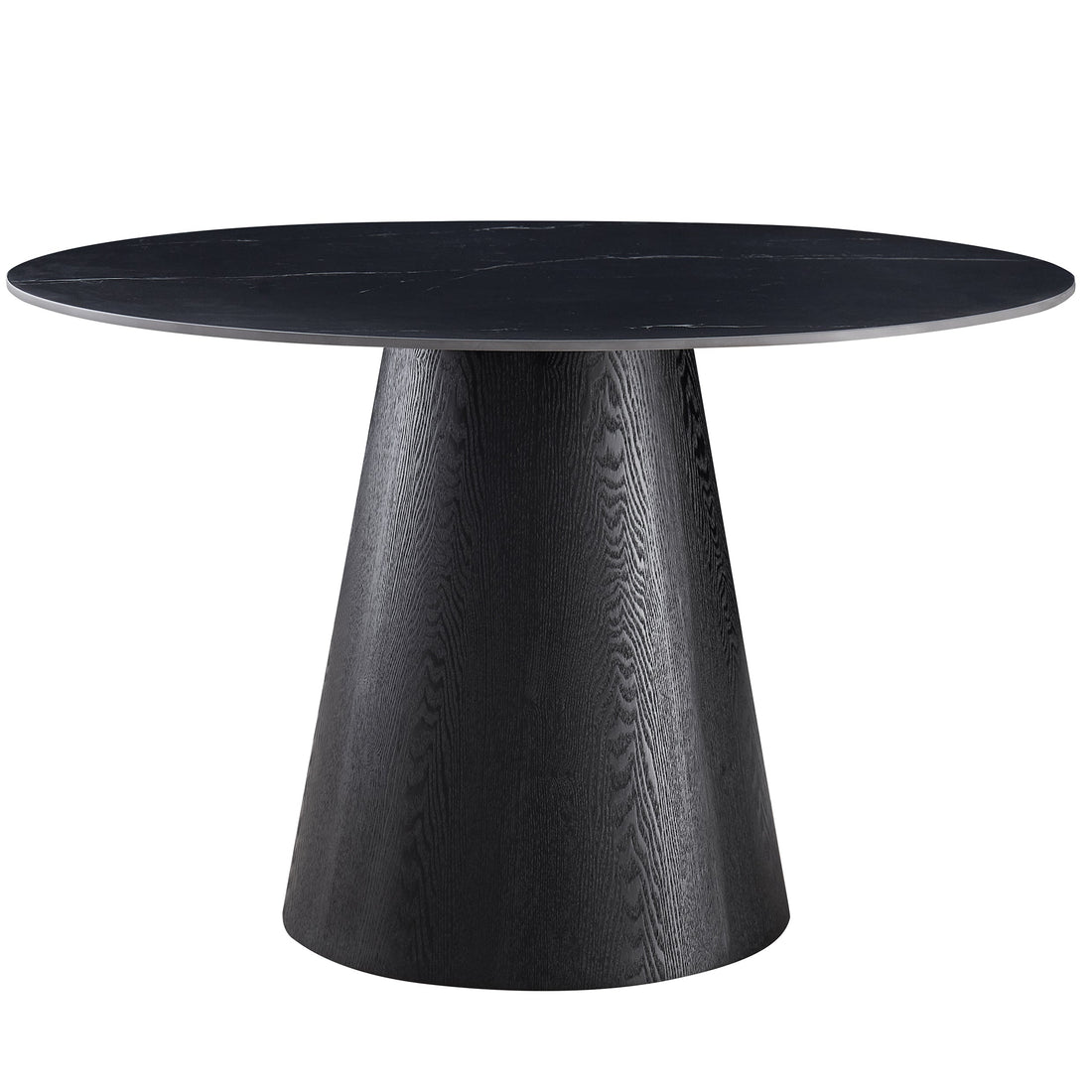 A modern round dining table with a dark black wood grain top and a tapered conical pedestal base, shown against a plain white background.