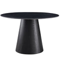 A modern round dining table with a dark black wood grain top and a tapered conical pedestal base, shown against a plain white background.