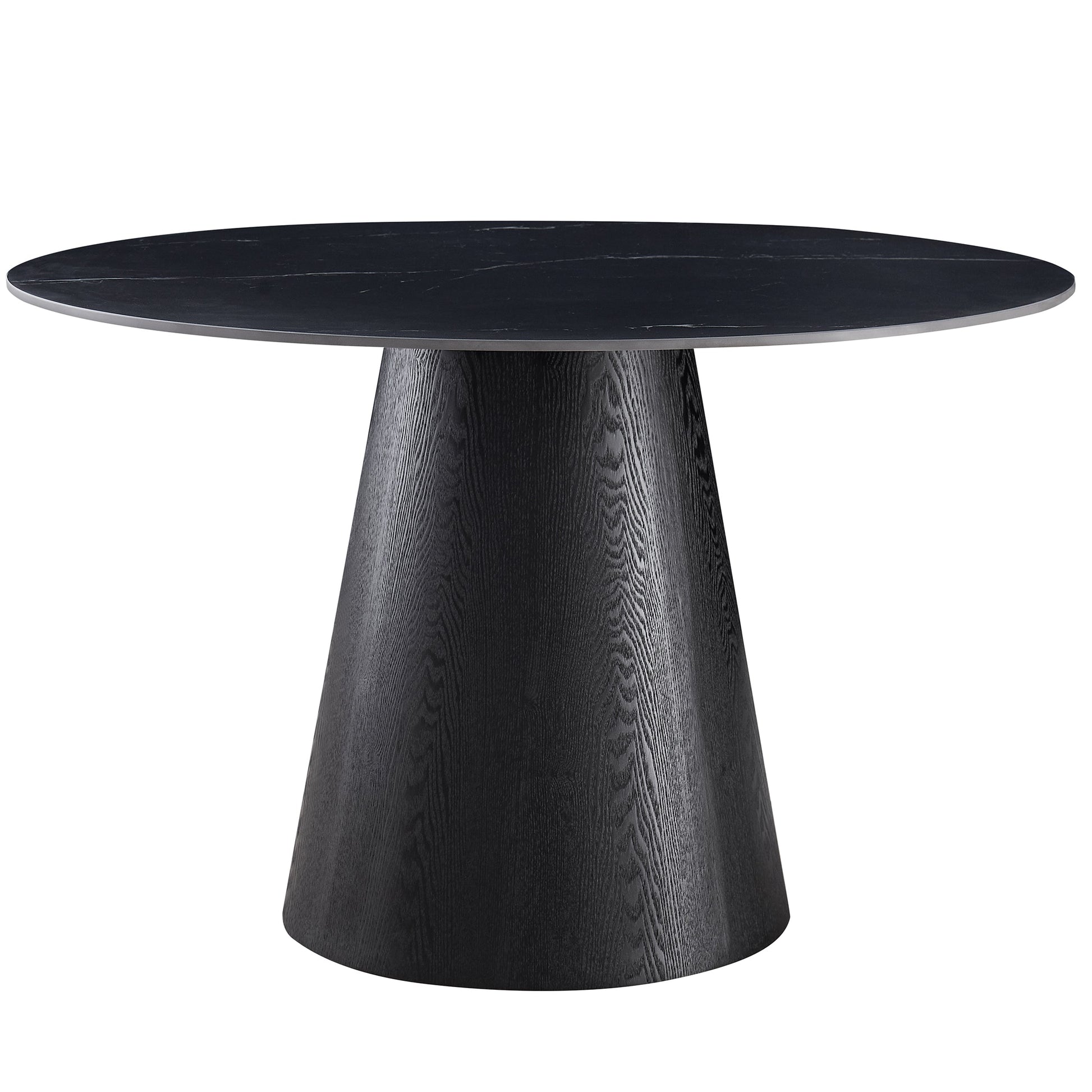 A modern round dining table with a dark black wood grain top and a tapered conical pedestal base, shown against a plain white background.