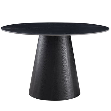 A modern round dining table with a dark black wood grain top and a tapered conical pedestal base, shown against a plain white background.