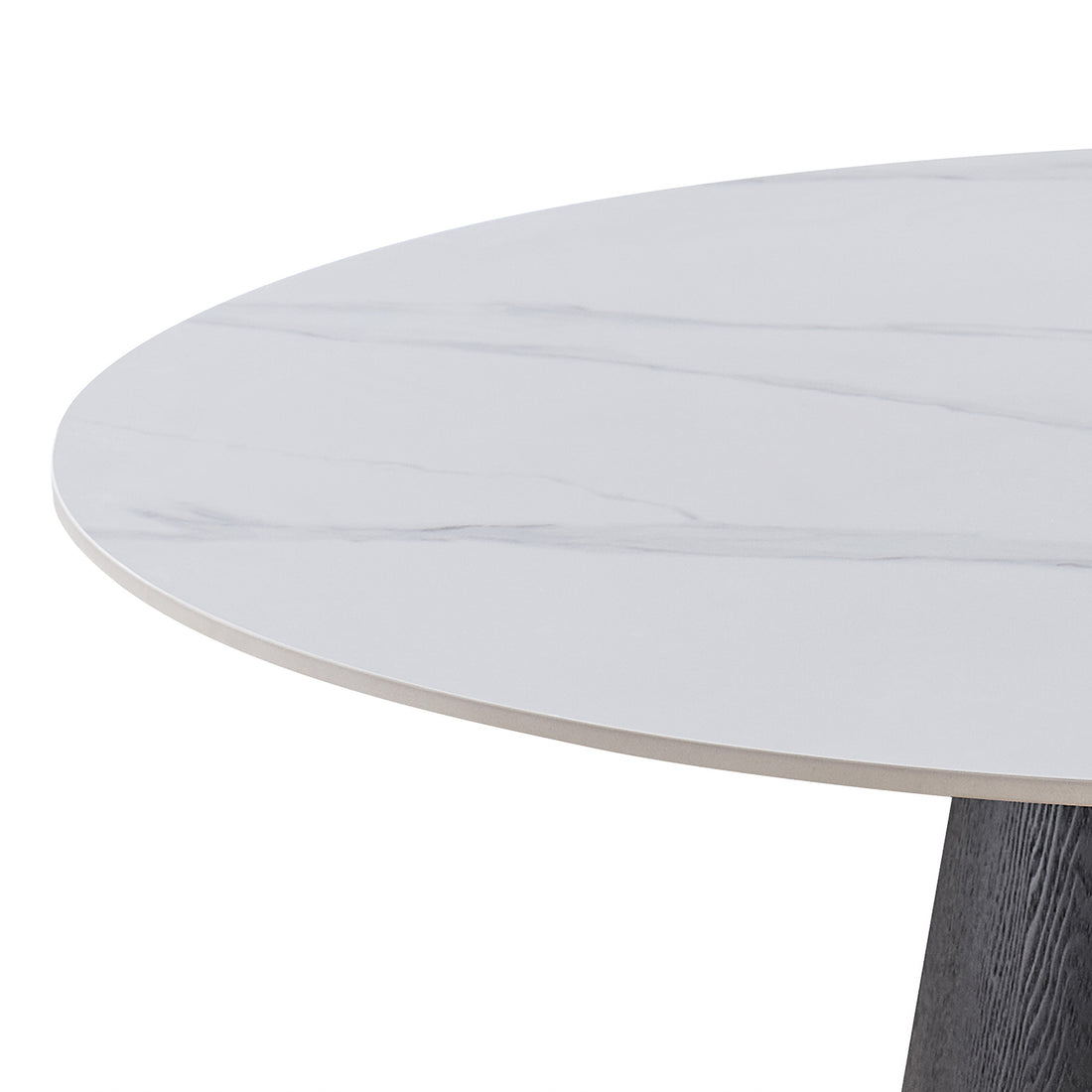 A modern round dining table featuring a white marble-patterned top and a wide, tapered black wood-grain pedestal base, shown against a plain white background.