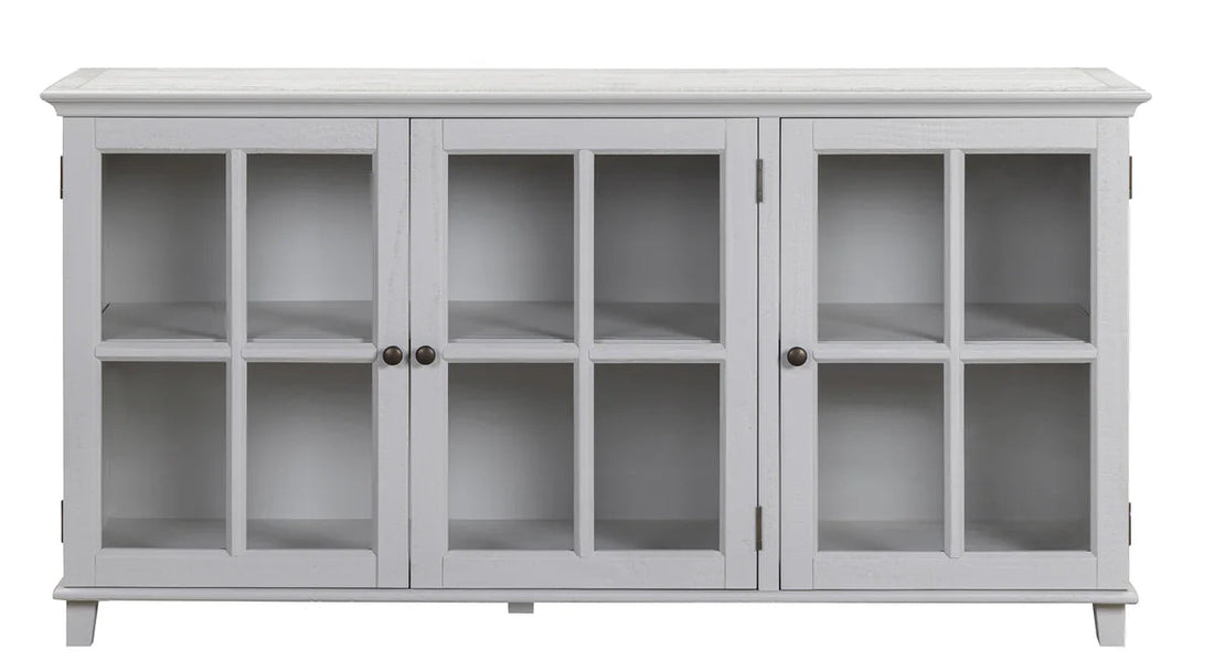 A light gray three-door sideboard cabinet with glass-paneled doors and open shelves, shown against a plain white background.