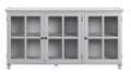 A light gray three-door sideboard cabinet with glass-paneled doors and open shelves, shown against a plain white background.
