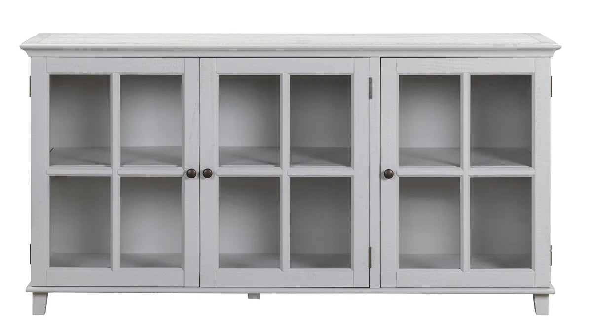 A light gray three-door sideboard cabinet with glass-paneled doors and open shelves, shown against a plain white background.