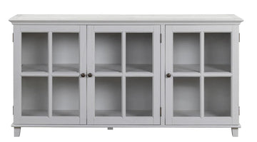 A light gray three-door sideboard cabinet with glass-paneled doors and open shelves, shown against a plain white background.