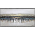 Abstract landscape painting with a mountainous background and reflective water.