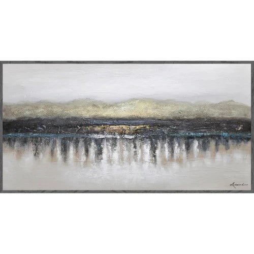 Abstract landscape painting with a mountainous background and reflective water.