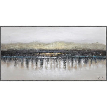 Abstract landscape painting with a mountainous background and reflective water.