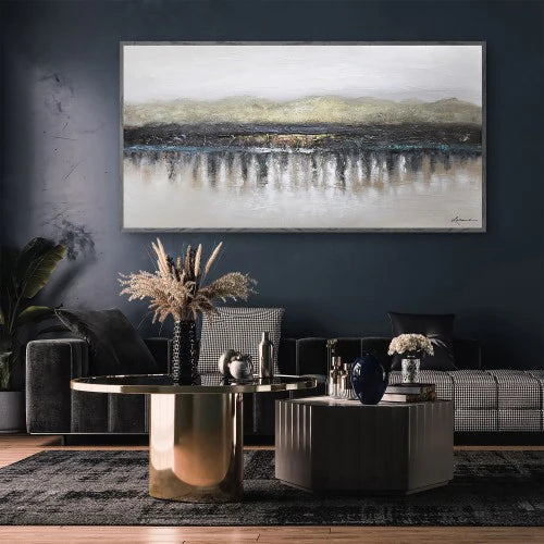 Abstract landscape painting with a mountainous background and reflective water.