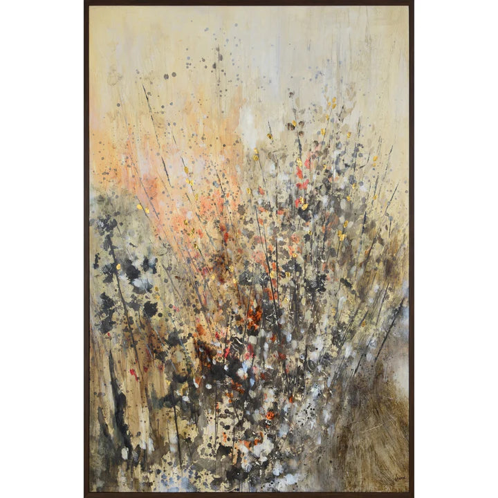 Abstract painting with splashes of orange, black, and white on a beige background