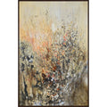Abstract painting with splashes of orange, black, and white on a beige background