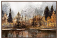 Framed artwork of a forest scene with trees and water on a white background