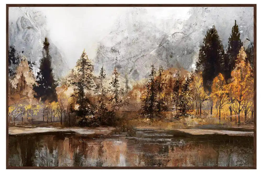 Framed artwork of a forest scene with trees and water on a white background