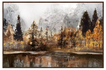 Framed artwork of a forest scene with trees and water on a white background