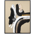 Abstract art piece with black, white, and gold on a beige background