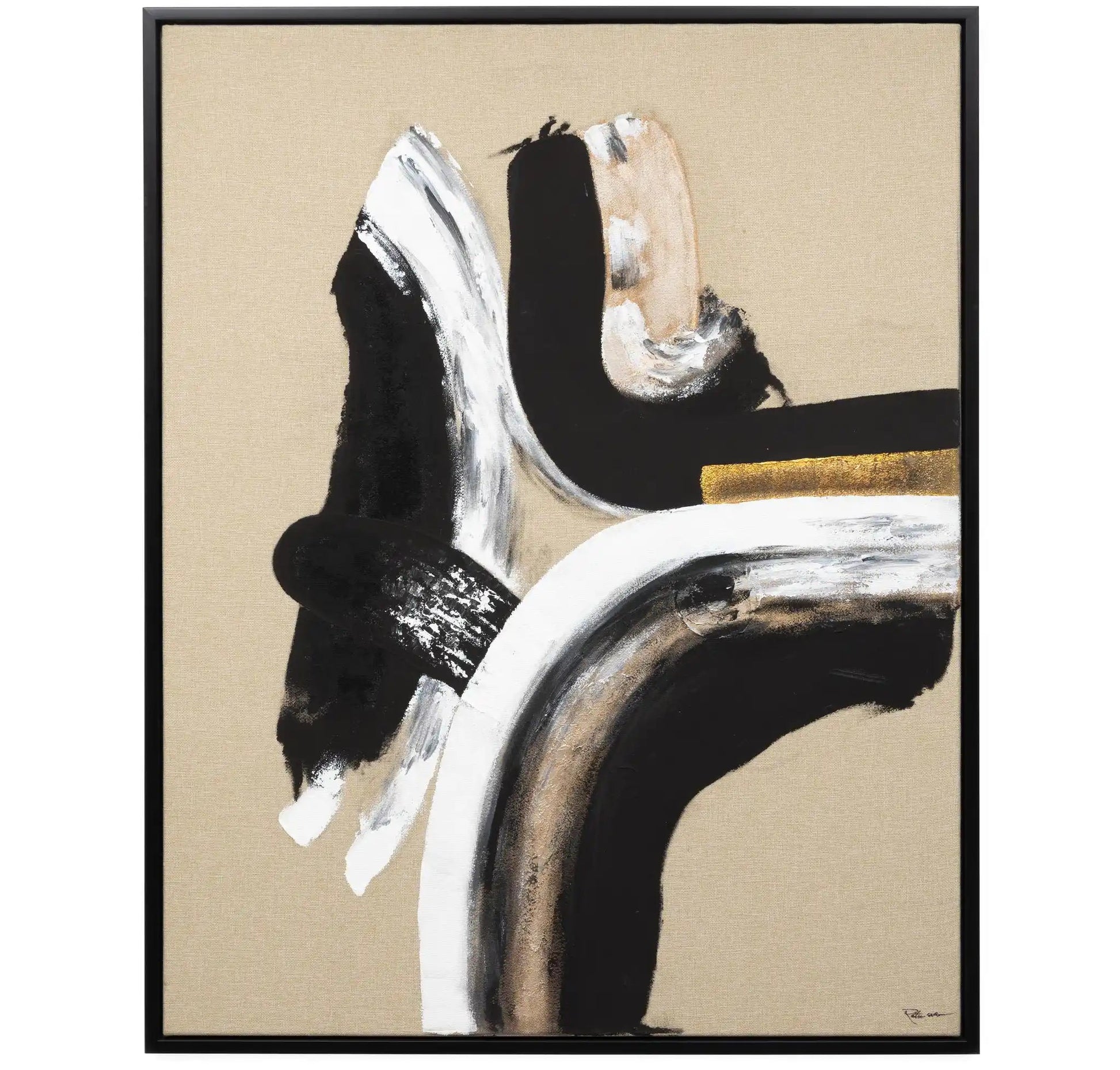 Abstract art piece with black, white, and gold on a beige background