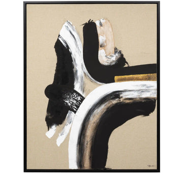 Abstract art piece with black, white, and gold on a beige background