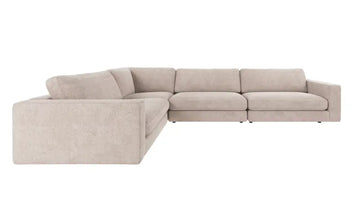 A modern sectional sofa upholstered in a light beige textured fabric, featuring a left-facing chaise lounge and a three-seater section, shown against a plain white background.