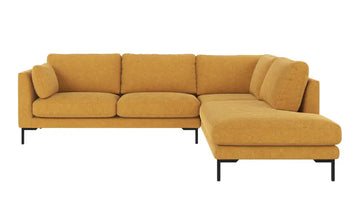 A modern sectional sofa with a right-facing chaise lounge, upholstered in a textured mustard yellow fabric, supported by slim black metal legs, shown against a plain white background.