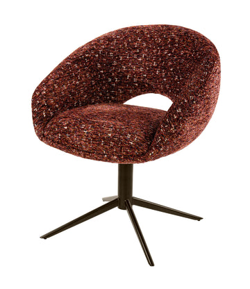A modern barrel-style accent chair with a textured, speckled reddish-brown upholstery and a black metal swivel base, shown against a plain white background.