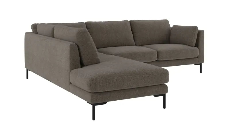 A modern three-seater sofa with a left-facing chaise lounge, upholstered in a textured taupe-brown fabric, supported by slim black metal legs, shown against a plain white background.