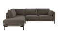 A modern three-seater sofa with a left-facing chaise lounge, upholstered in a textured taupe-brown fabric, supported by slim black metal legs, shown against a plain white background.