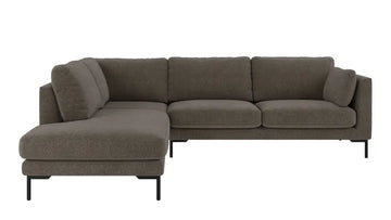 A modern three-seater sofa with a left-facing chaise lounge, upholstered in a textured taupe-brown fabric, supported by slim black metal legs, shown against a plain white background.
