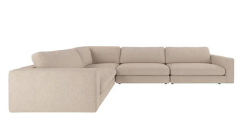 A modern sectional sofa upholstered in a textured light beige fabric, shown from a three-quarter angle against a plain white background.