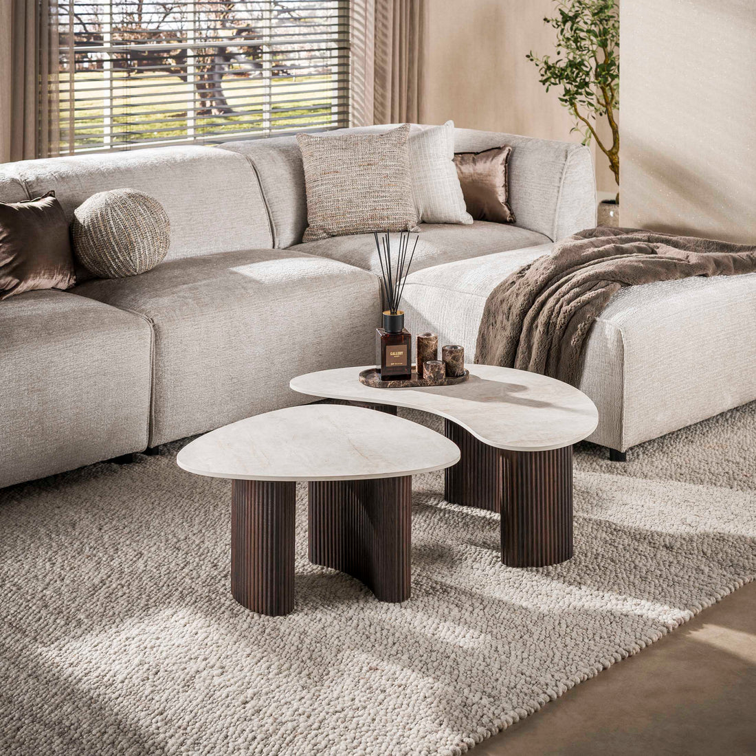 Two marble coffee tables with dark wooden legs on a white background