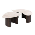 Two marble coffee tables with dark wooden legs on a white background