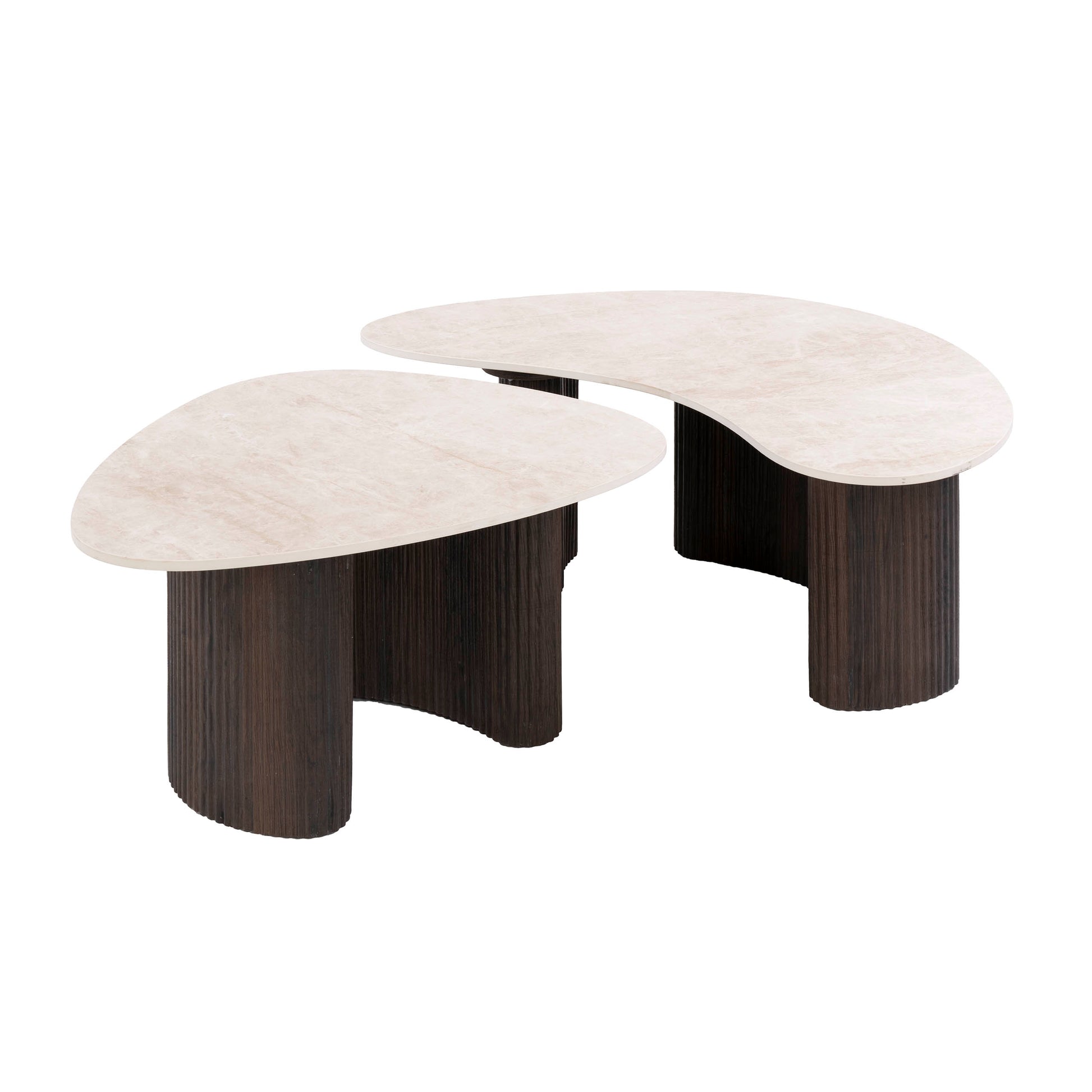 Two marble coffee tables with dark wooden legs on a white background