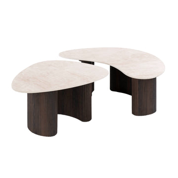 Two marble coffee tables with dark wooden legs on a white background