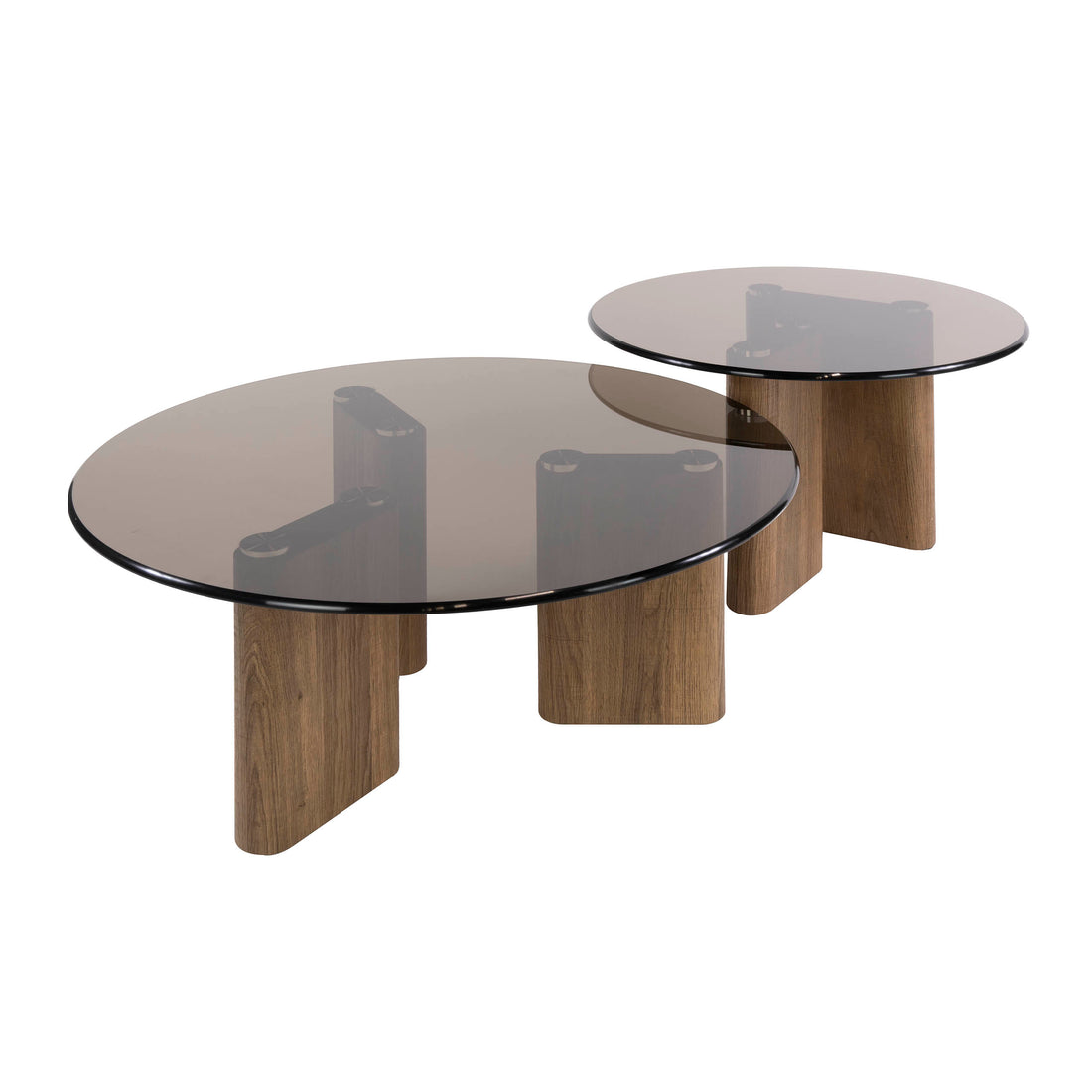 Two round glass coffee tables with wooden bases on a white background