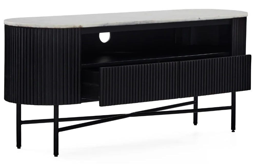 Black TV stand with white marble top on a white background