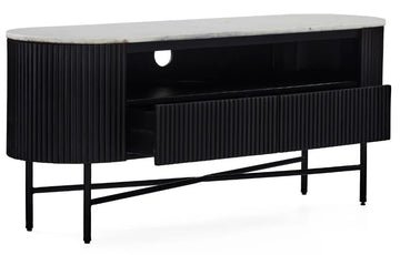 Black TV stand with white marble top on a white background