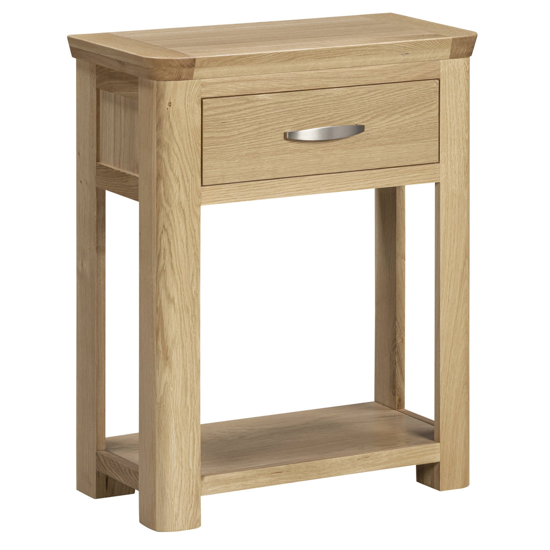 A light oak wood nightstand with a single drawer featuring a silver metal handle and an open lower shelf, shown on a plain white background.