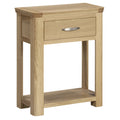 A light oak wood nightstand with a single drawer featuring a silver metal handle and an open lower shelf, shown on a plain white background.