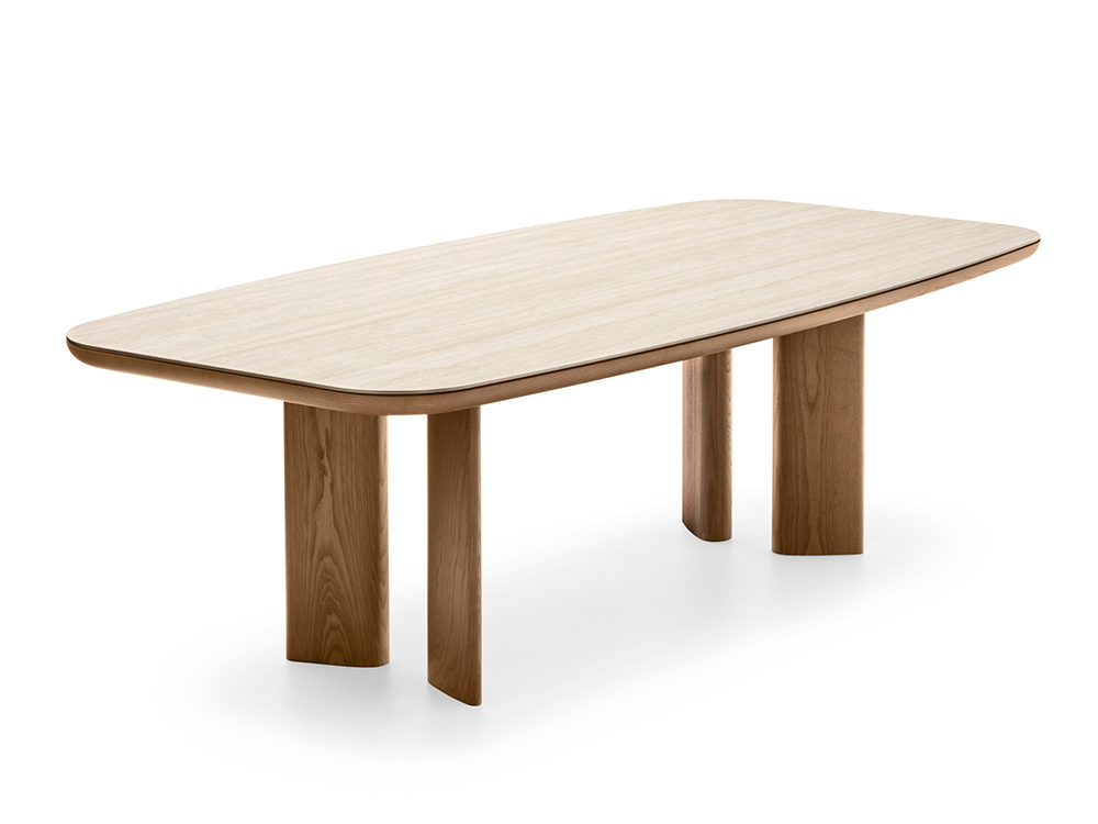 A modern oval dining table with a light natural wood top and darker brown cylindrical legs, shown on a clean white background.