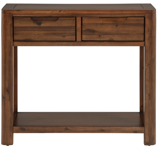 A rustic brown wooden console table with two drawers on the top, an open lower shelf, and a clean white background.