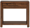 A rustic brown wooden console table with two drawers on the top and an open shelf below, shown against a plain white background.