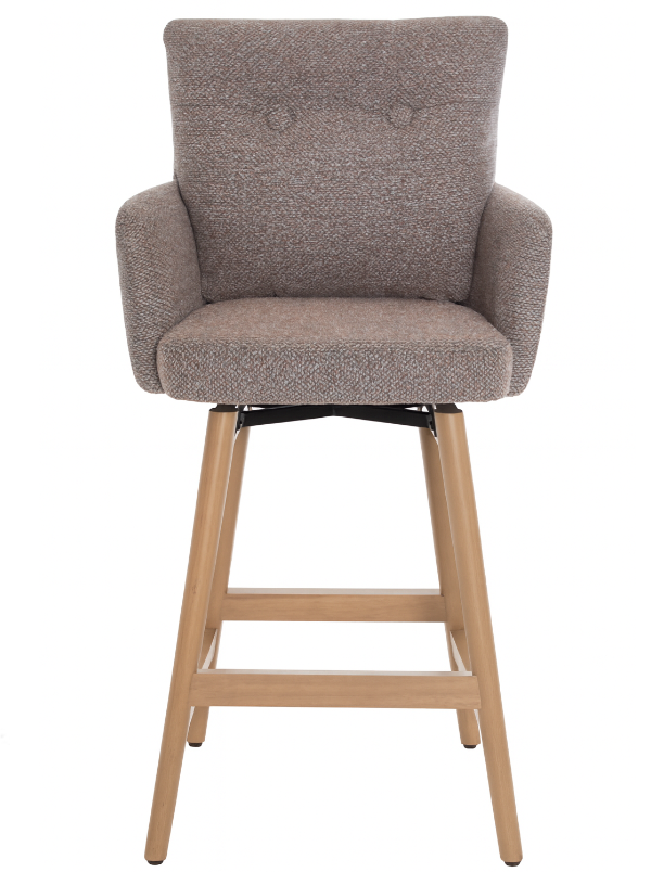 Brown upholstered bar stool with wooden legs on a white background