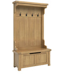 Wooden hall tree with hooks and storage bench on a white background